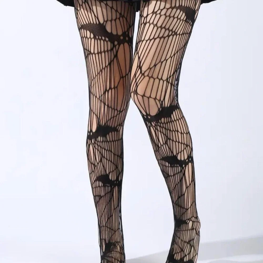 Black‎ Bat Patterned Fishnet Tights, High Waist Footed Pantyhose One Size